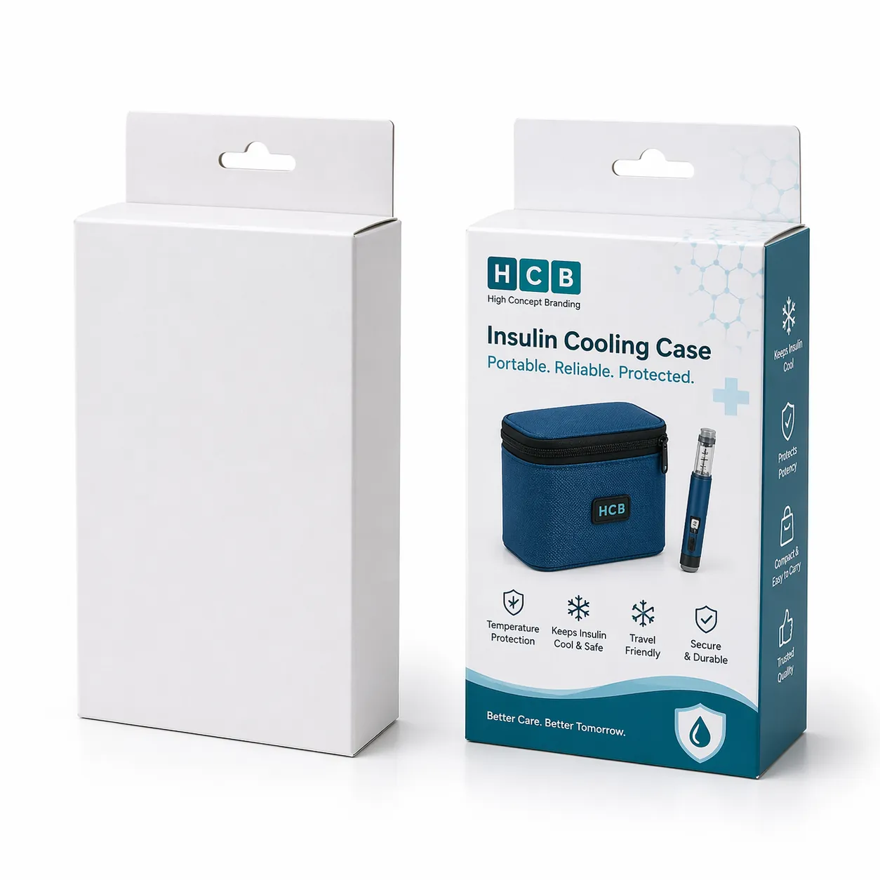 Two tall pharmaceutical boxes, one blank and one featuring blue graphics and insulin product information. class=